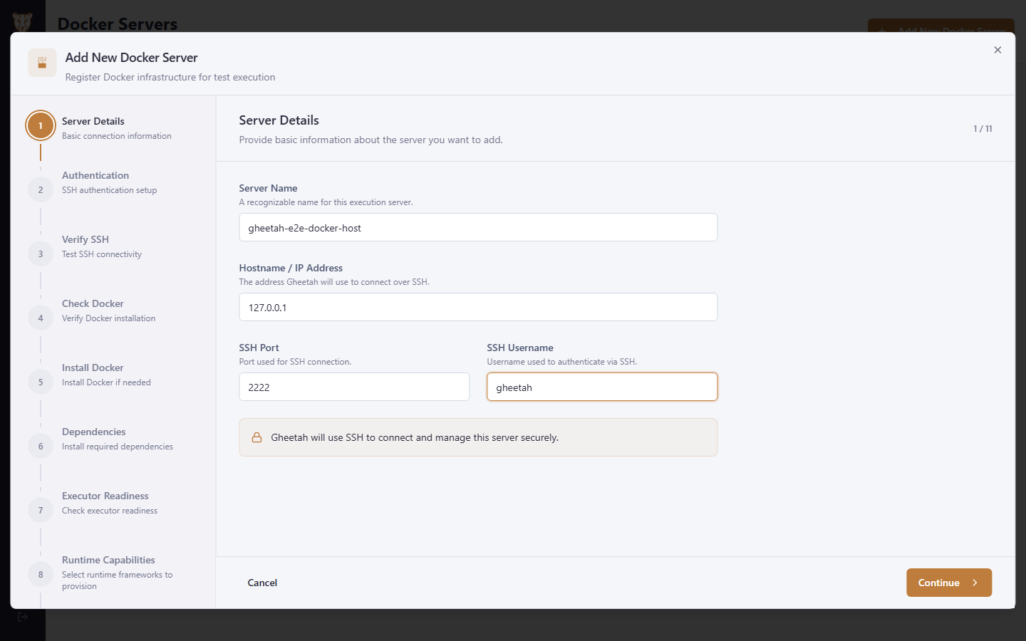 Registering a Docker server: name, address, SSH port and user