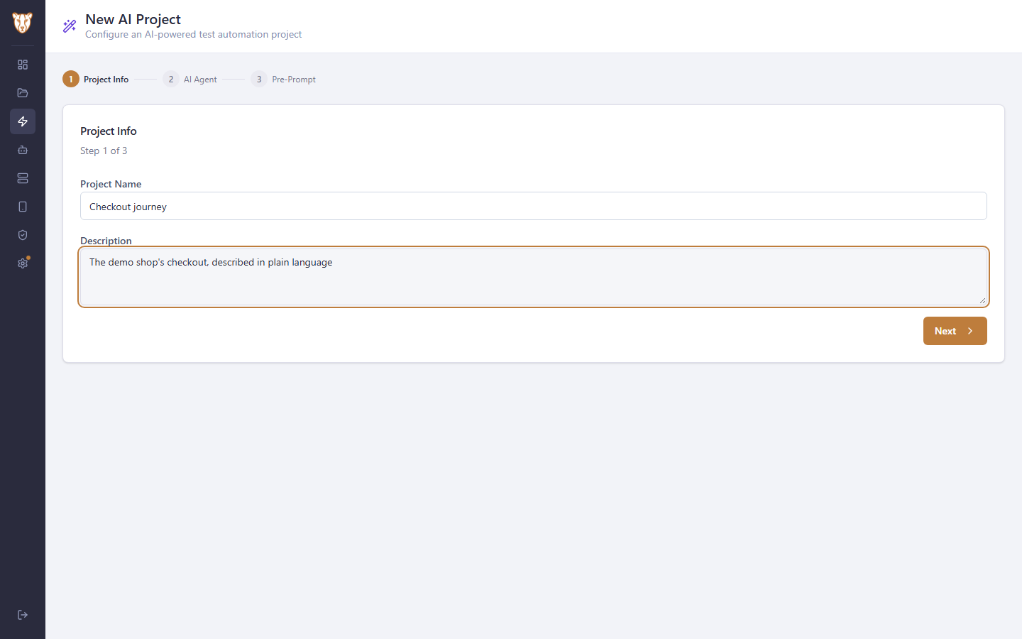 Describing what a codeless project tests — the description the model is given as context