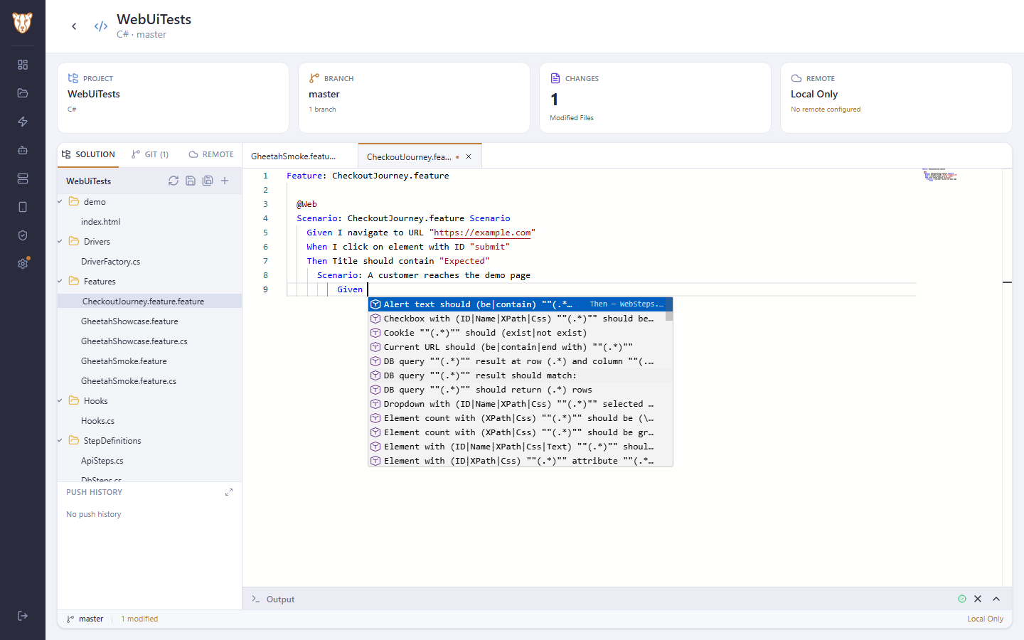 Writing a Given step in the Gheetah editor, with the project's own step definitions offered in the suggestion list