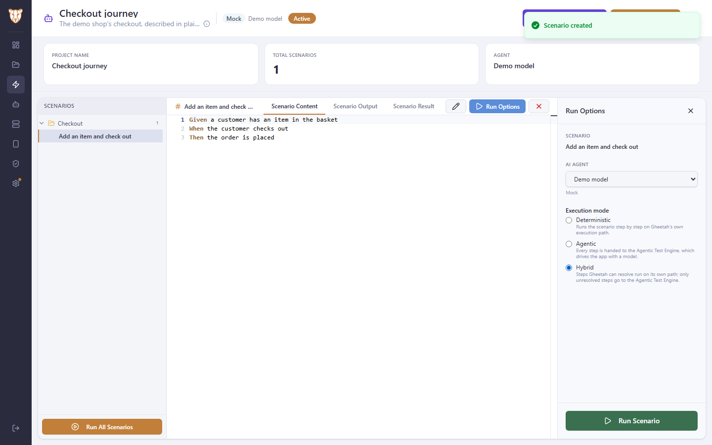 Run Options for a Web scenario with Hybrid selected as its execution mode